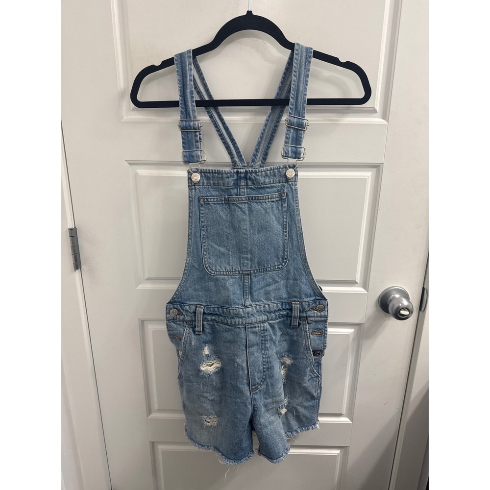 Madewell Denim Shortalls Light Wash Distressed Raw Hem Overalls Womens Small